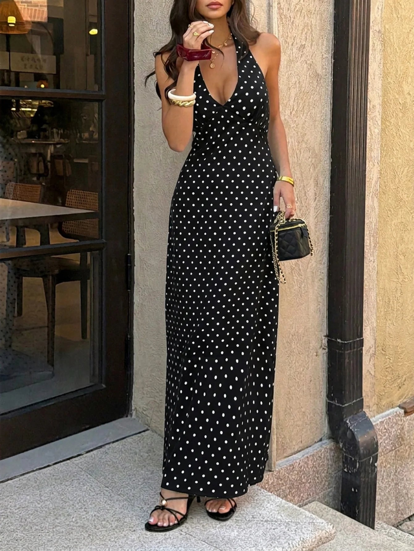 Spot Plunge Halter Maxi Dress
