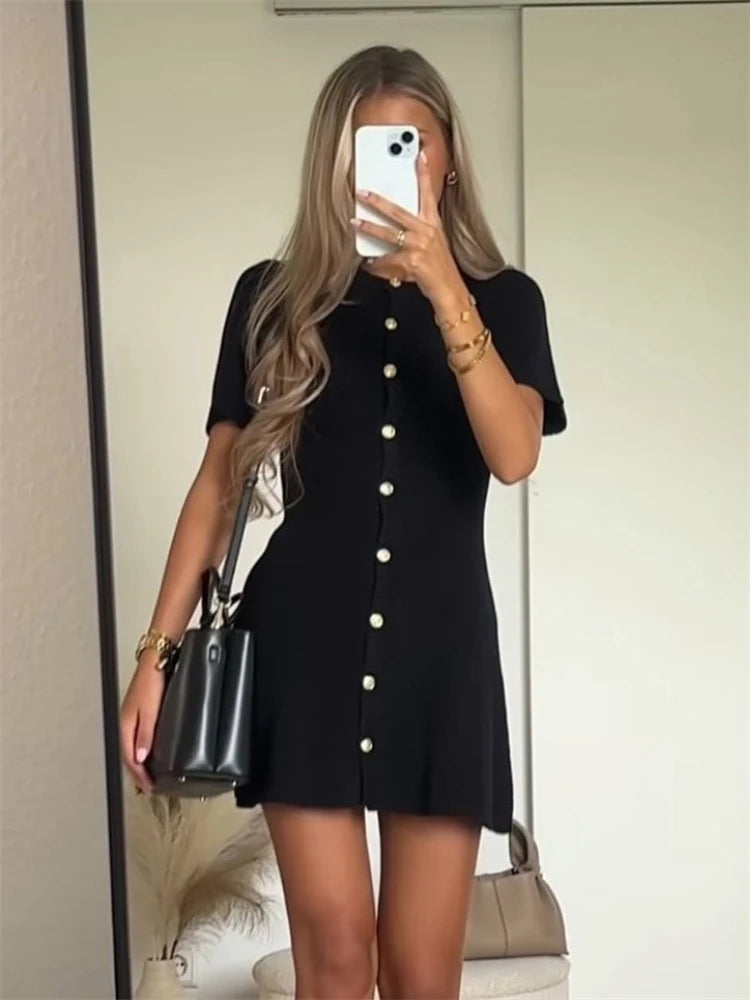 Gold Button Knit Mini Dress