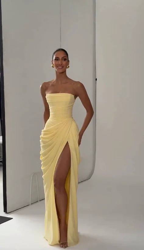 Strapless Draped Thigh Split Maxi Dress