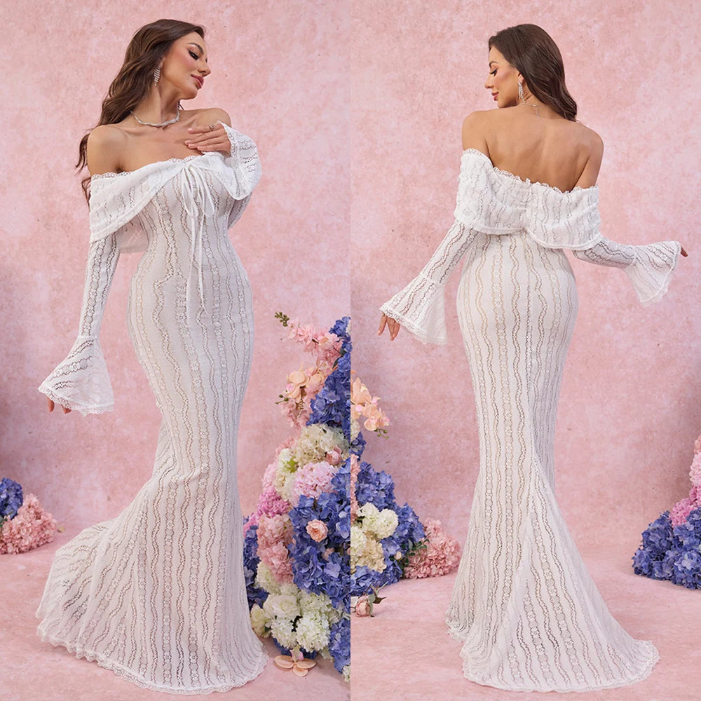 Lace Off Shoulder Flare Sleeve Maxi Dress