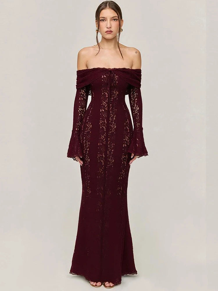 Lace Off Shoulder Flare Sleeve Maxi Dress