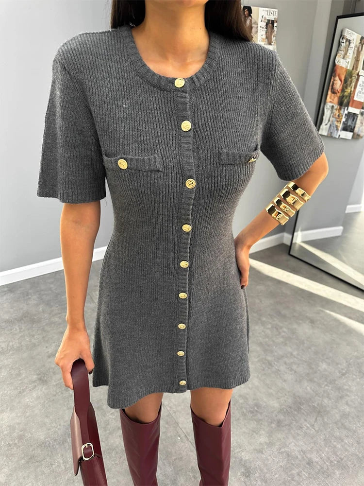 Gold Button Knit Mini Dress