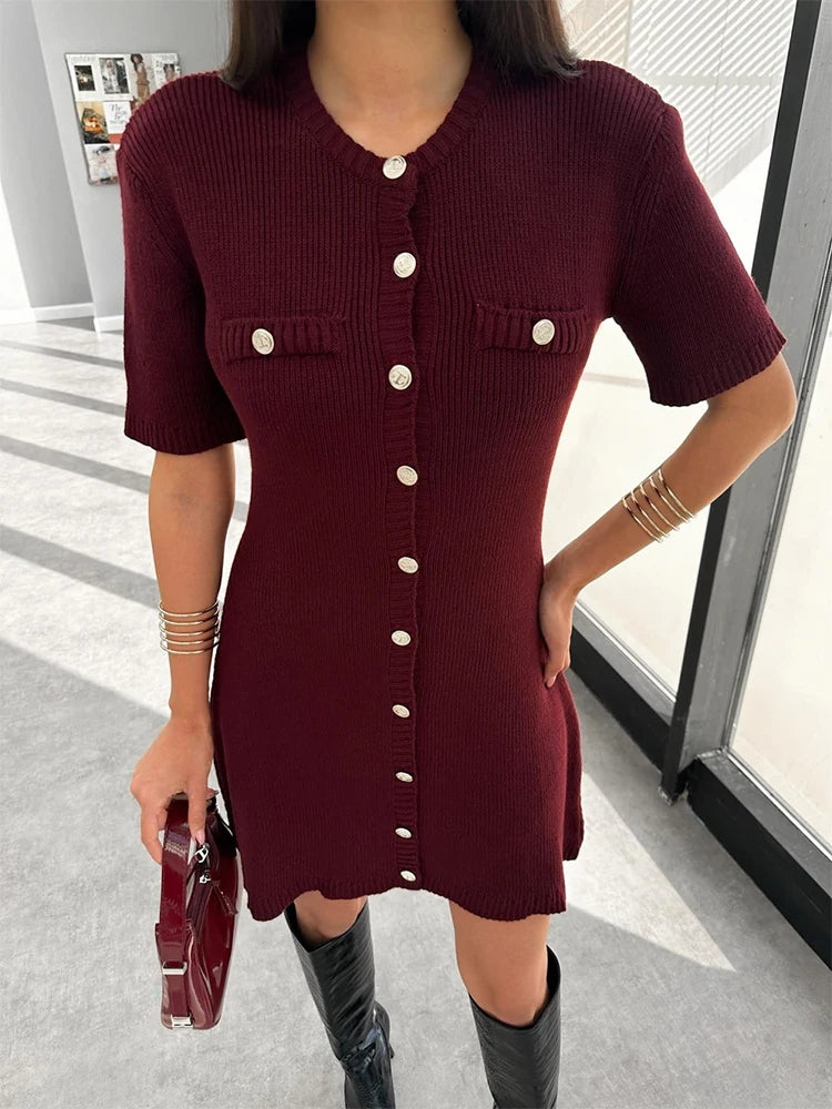 Gold Button Knit Mini Dress