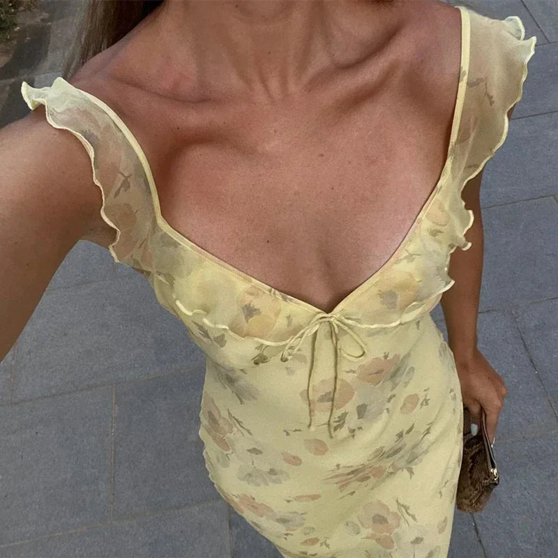 Floral Frill Strap Tie Front Maxi Dress