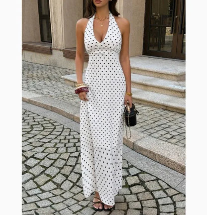 Spot Plunge Halter Maxi Dress