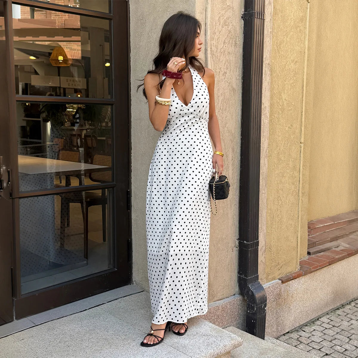 Spot Plunge Halter Maxi Dress