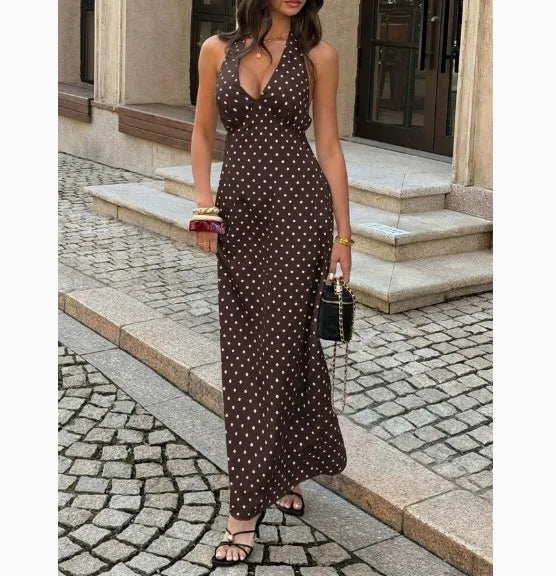 Spot Plunge Halter Maxi Dress