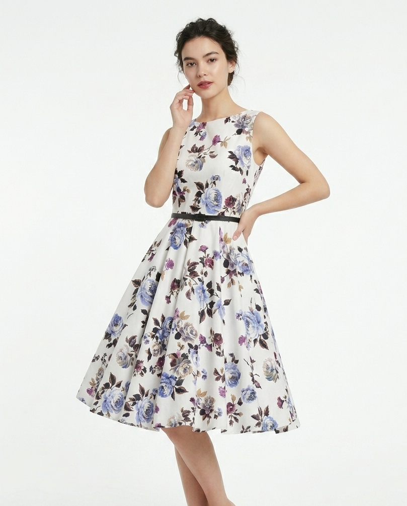 Floral Belted Swing Midi Dress