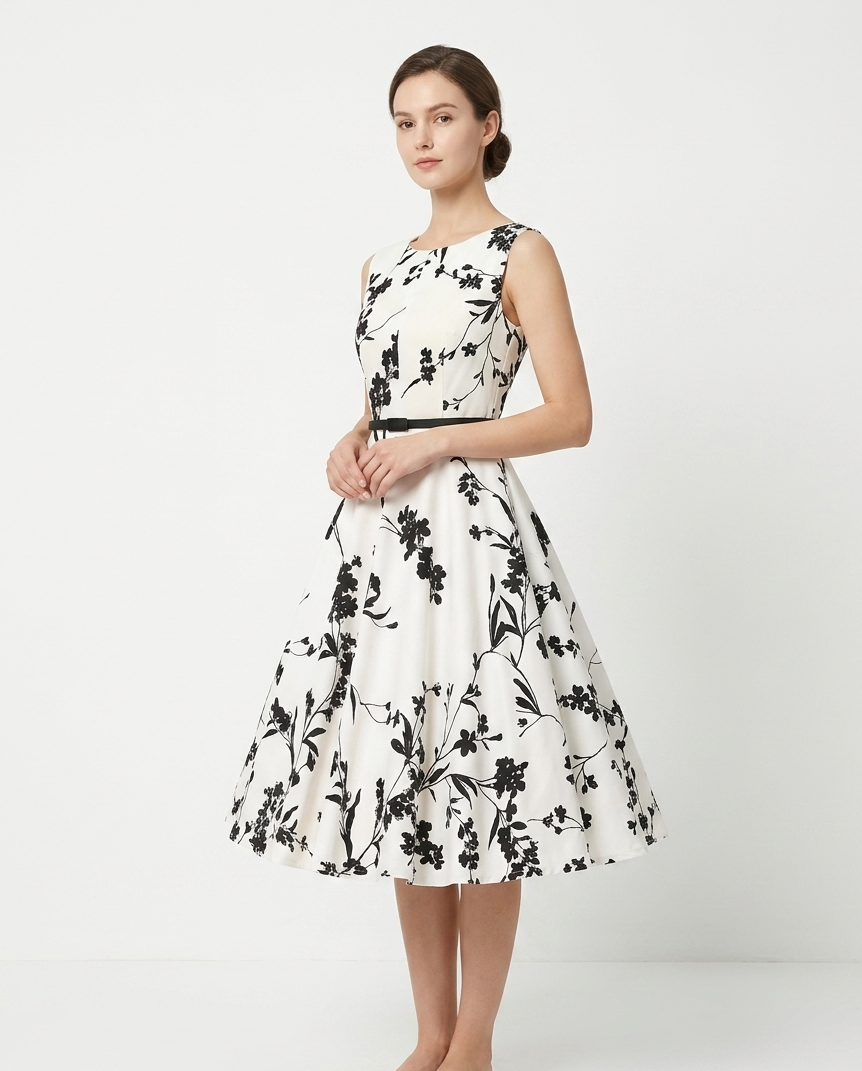 Floral Belted Swing Midi Dress