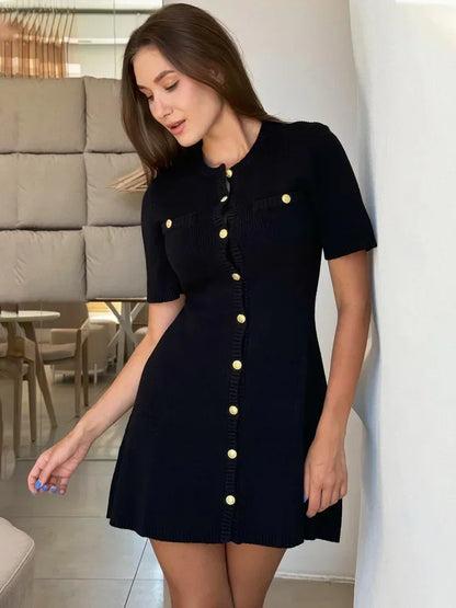 Gold Button Knit Mini Dress