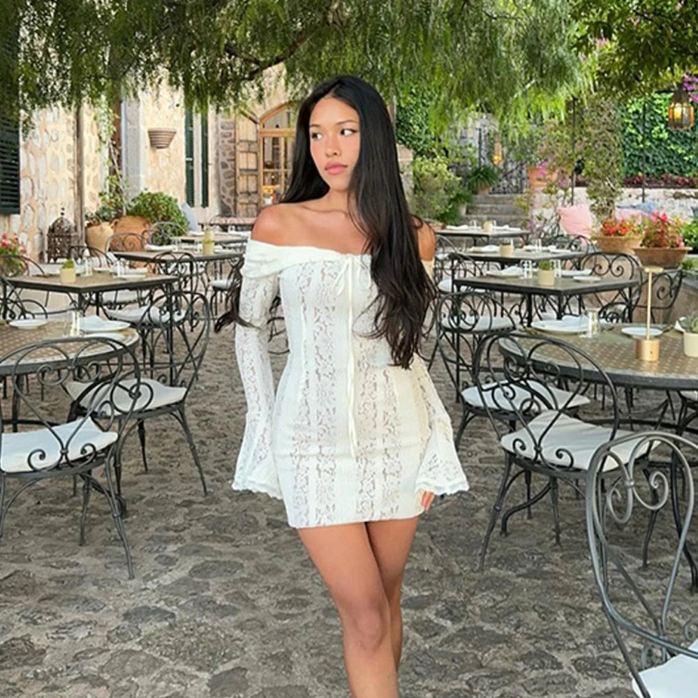 Lace Off Shoulder Flare Sleeve Maxi Dress