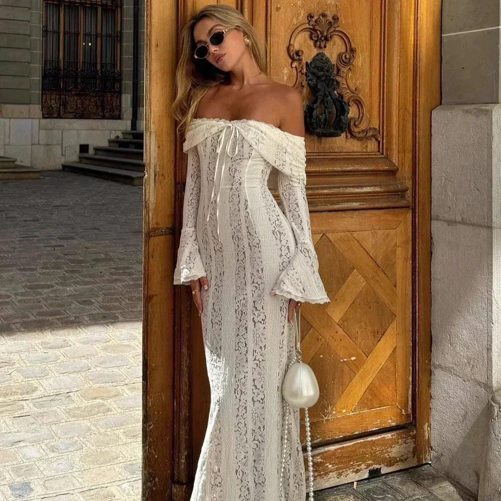 Lace Off Shoulder Flare Sleeve Maxi Dress