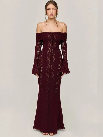 Lace Off Shoulder Flare Sleeve Maxi Dress