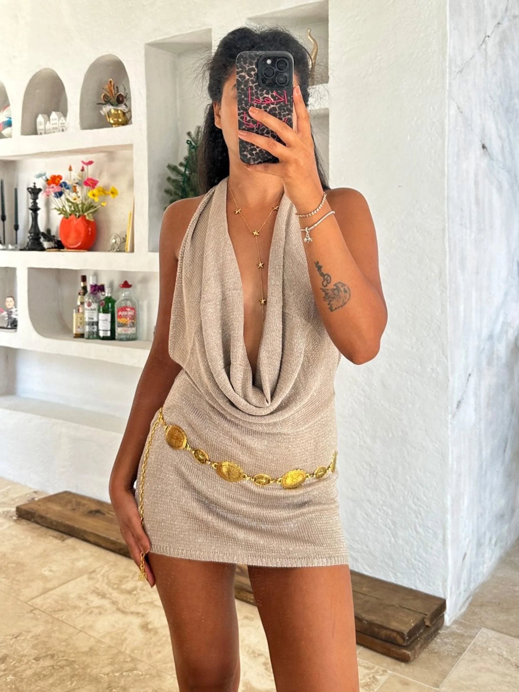 Knit Cowl Neck Open Back Chain Belt Mini Dress