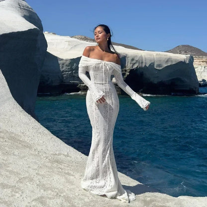 Lace Off Shoulder Flare Sleeve Maxi Dress