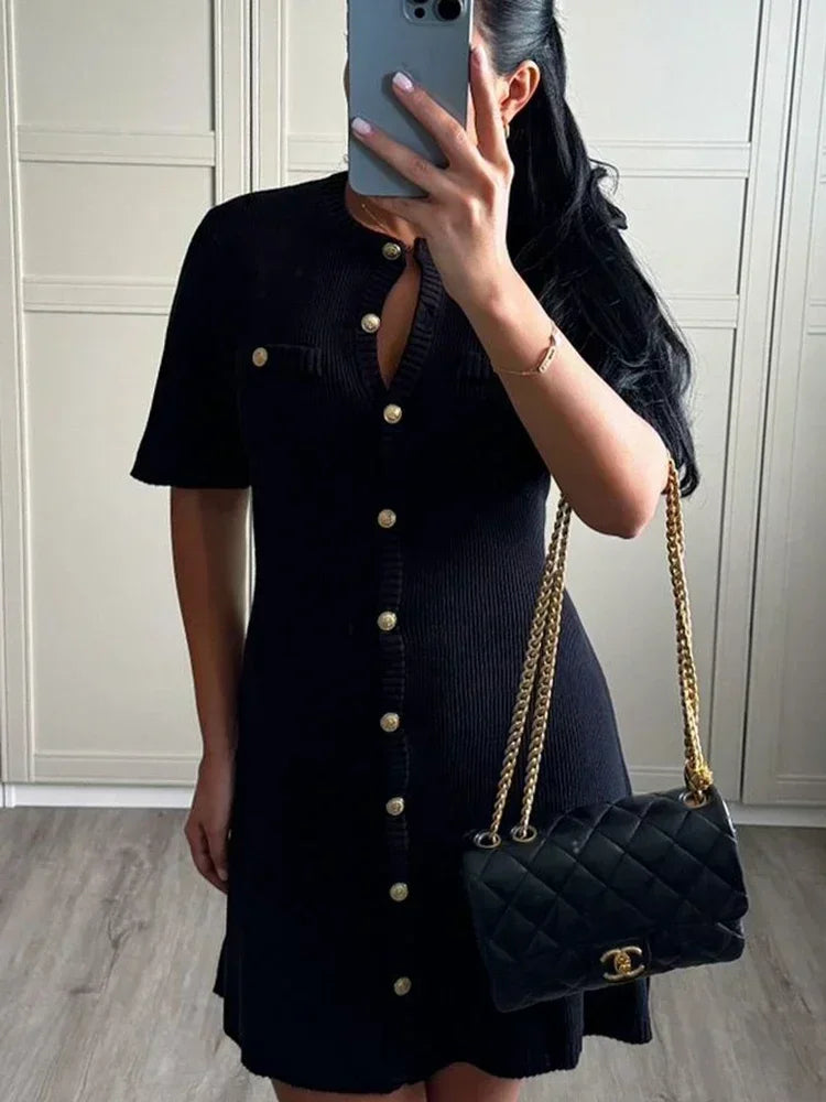 Gold Button Knit Mini Dress