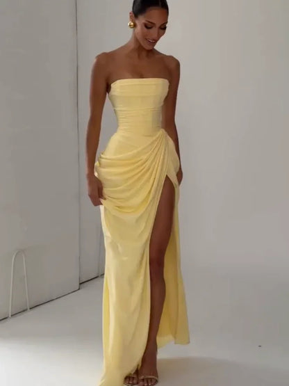 Strapless Draped Thigh Split Maxi Dress