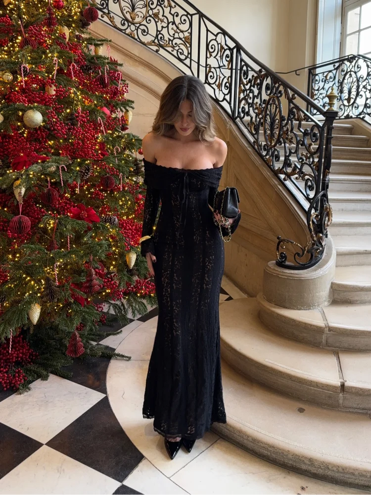 Lace Off Shoulder Flare Sleeve Maxi Dress