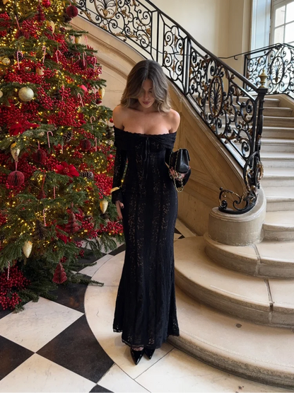 Lace Off Shoulder Flare Sleeve Maxi Dress