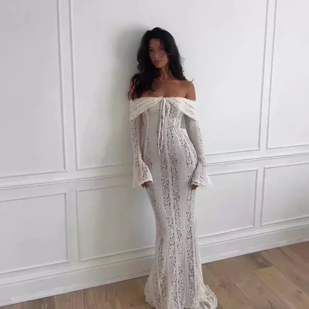 Lace Off Shoulder Flare Sleeve Maxi Dress