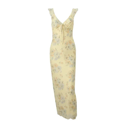 Floral Frill Strap Tie Front Maxi Dress