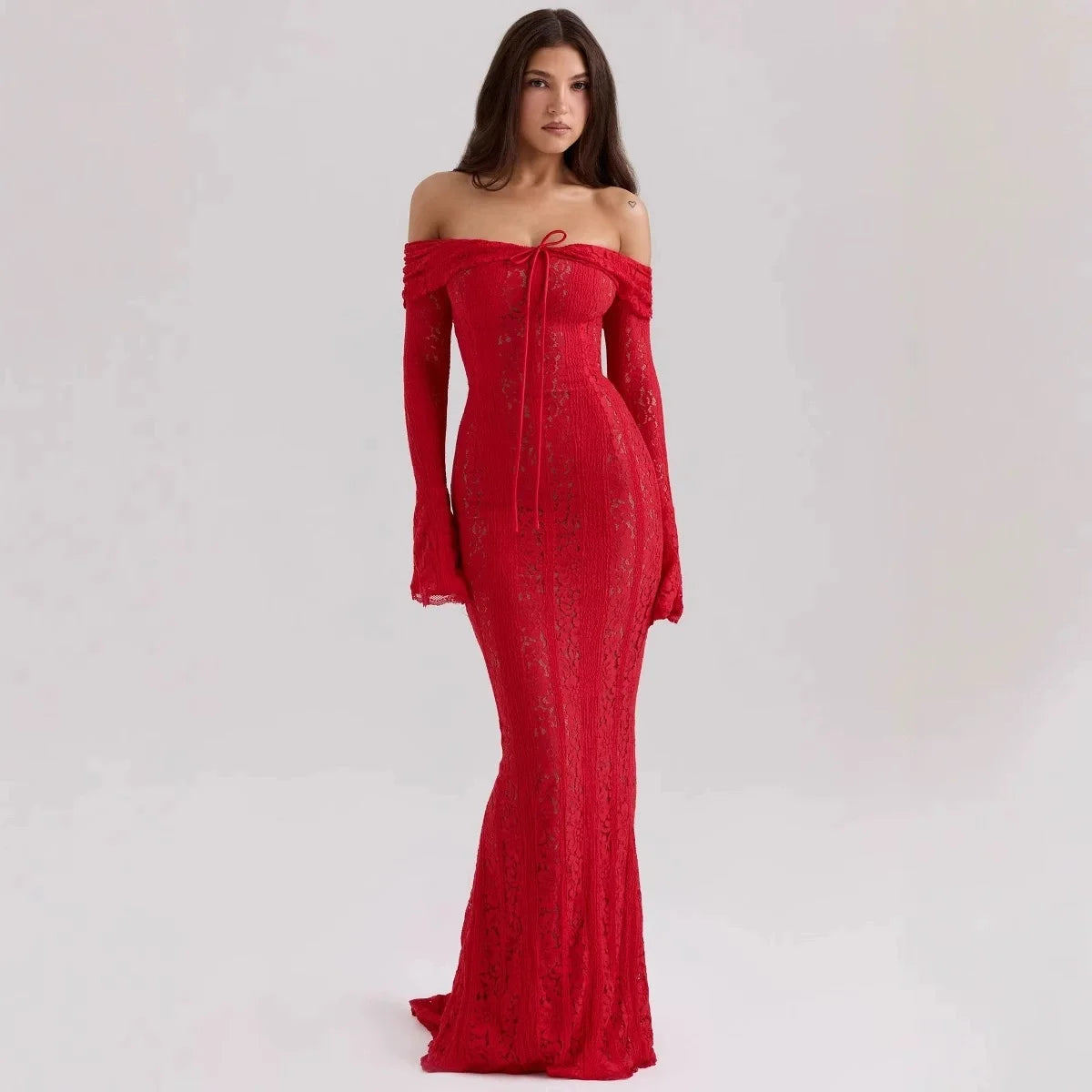 Lace Off Shoulder Flare Sleeve Maxi Dress