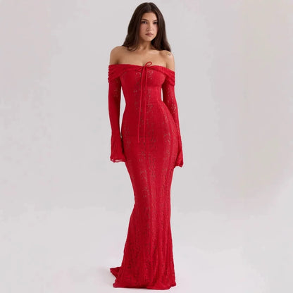Lace Off Shoulder Flare Sleeve Maxi Dress