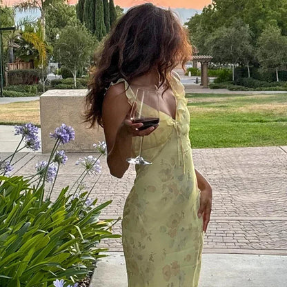 Floral Frill Strap Tie Front Maxi Dress