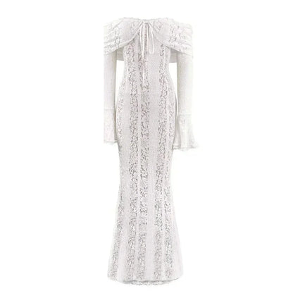 Lace Off Shoulder Flare Sleeve Maxi Dress
