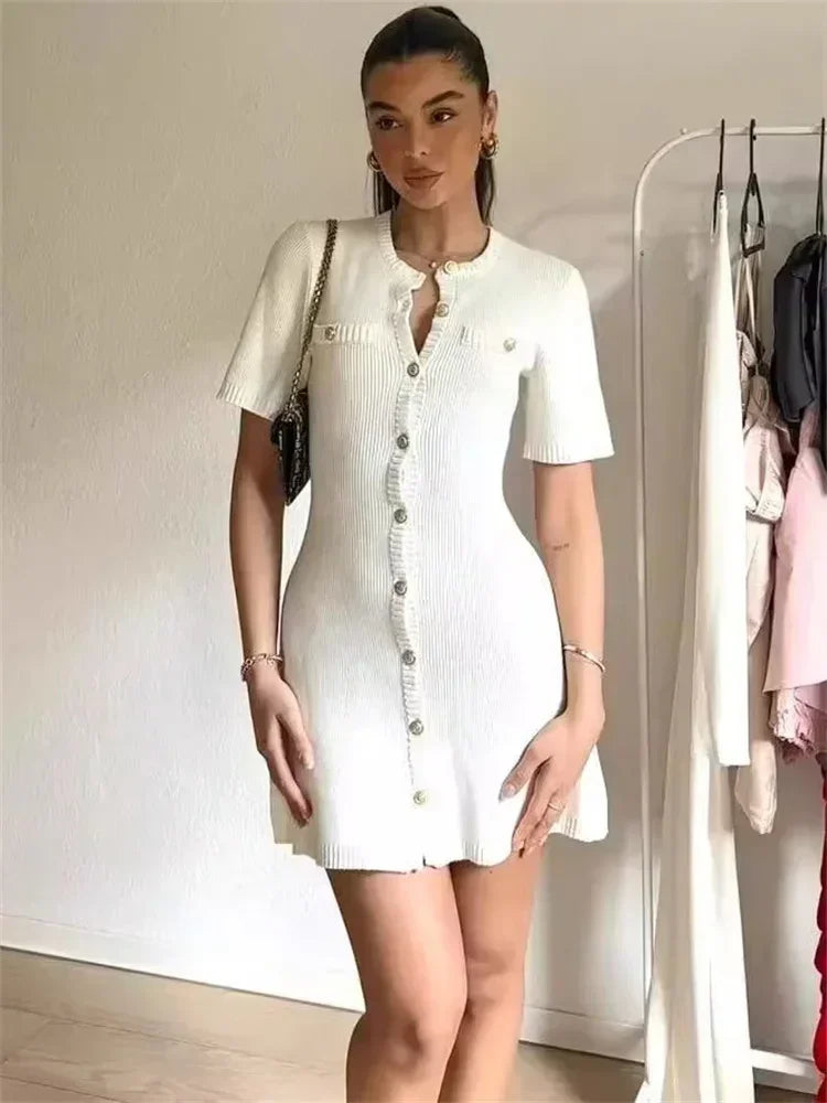Gold Button Knit Mini Dress